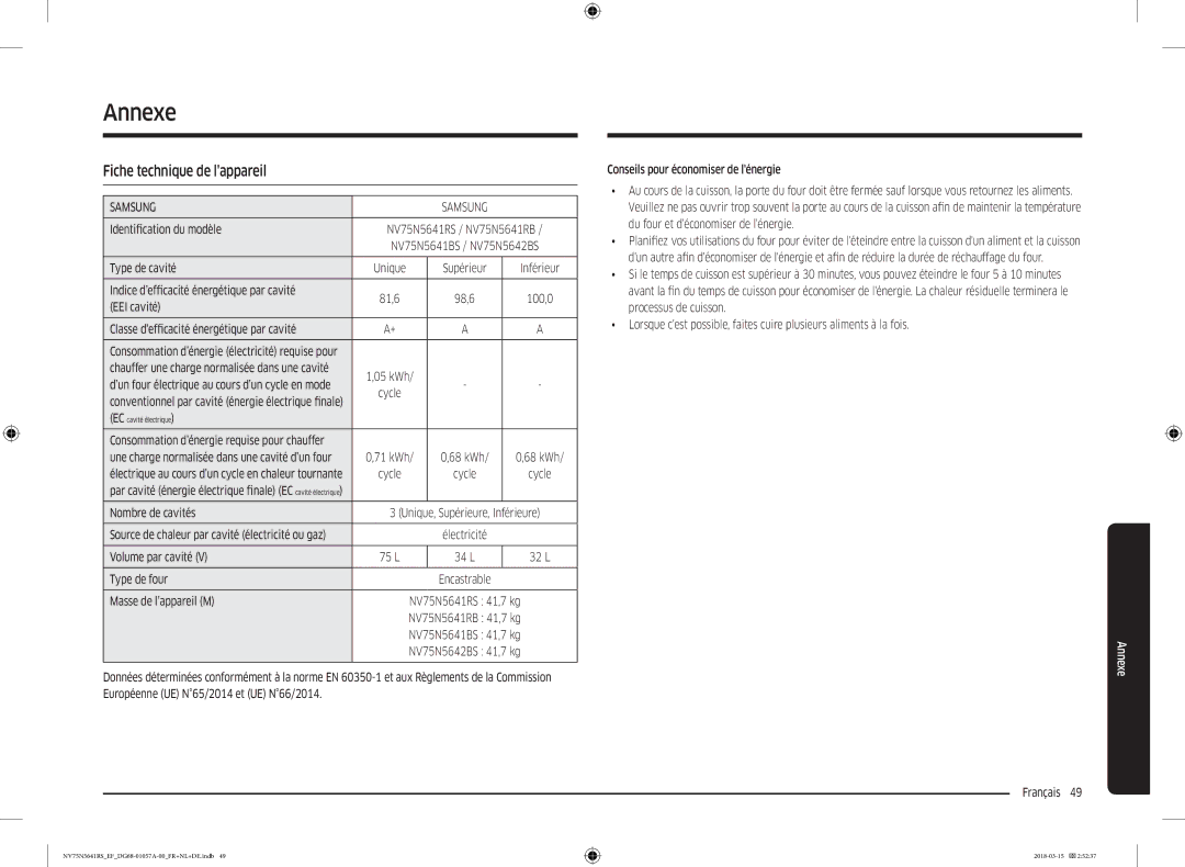 Samsung NV75N5641RS/EF manual Annexe, Fiche technique de lappareil 