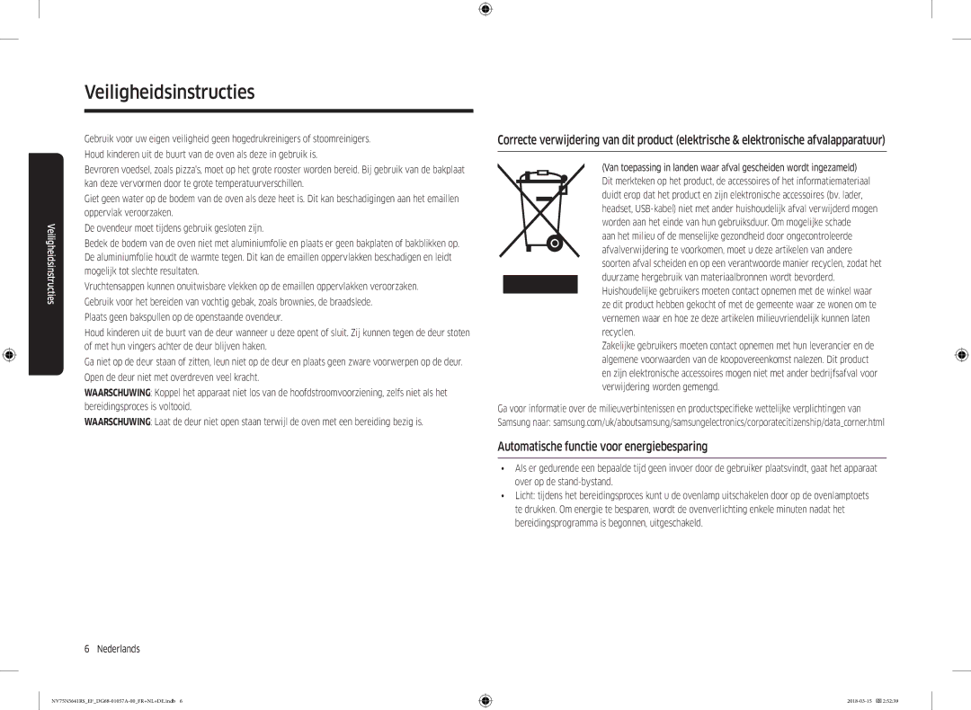 Samsung NV75N5641RS/EF manual Automatische functie voor energiebesparing 