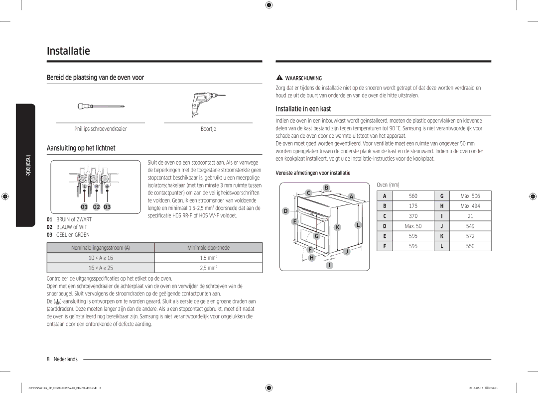 Samsung NV75N5641RS/EF Bereid de plaatsing van de oven voor, Aansluiting op het lichtnet, Installatie in een kast, Max 