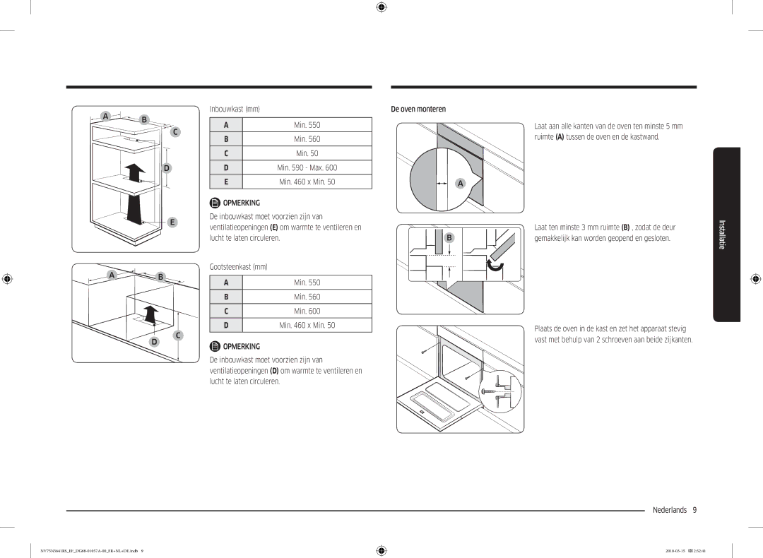 Samsung NV75N5641RS/EF manual Inbouwkast mm Min, Laat ten minste 3 mm ruimte B , zodat de deur 