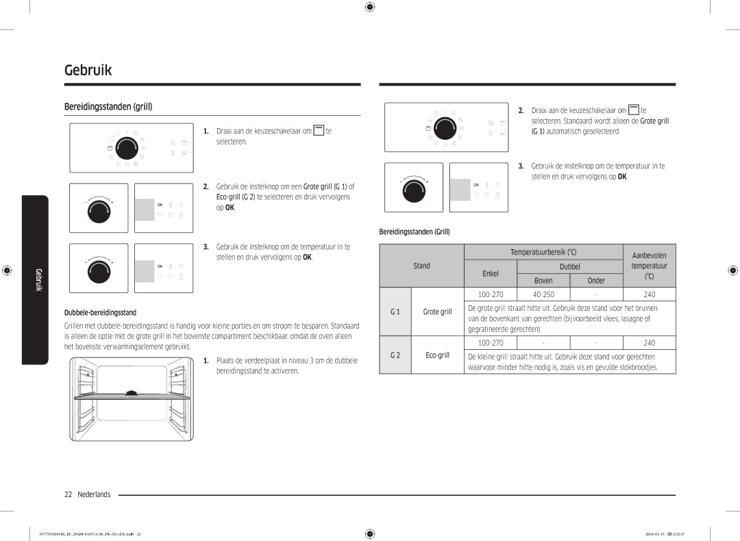 Samsung NV75N5641RS/EF manual Bereidingsstanden grill, Stand Enkel Dubbel Temperatuur, 100-270 40-250 