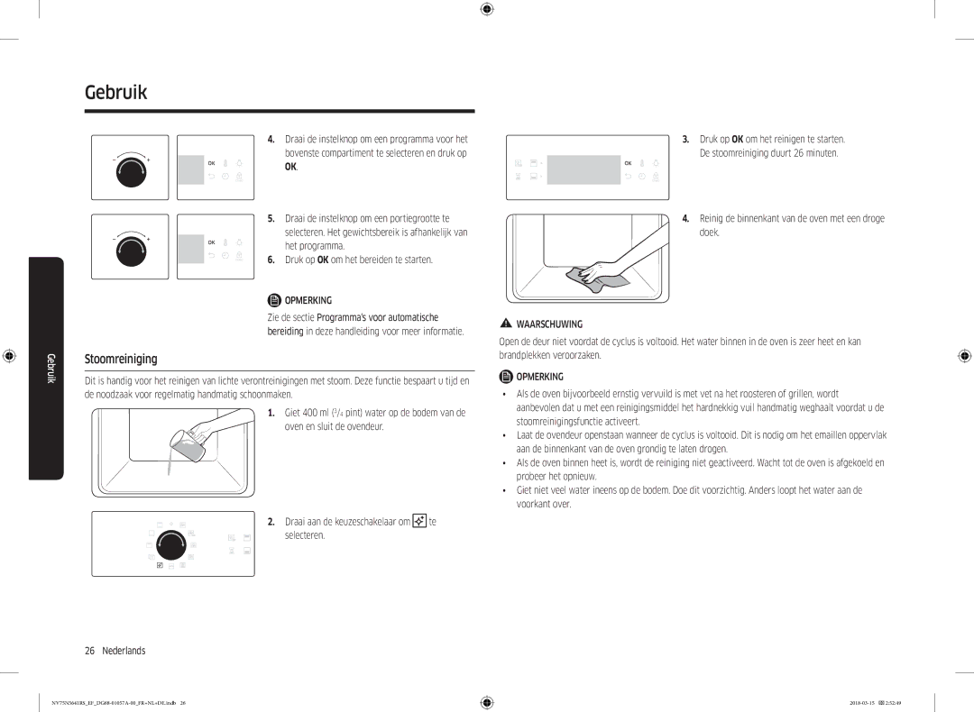 Samsung NV75N5641RS/EF manual Stoomreiniging, Reinig de binnenkant van de oven met een droge doek 