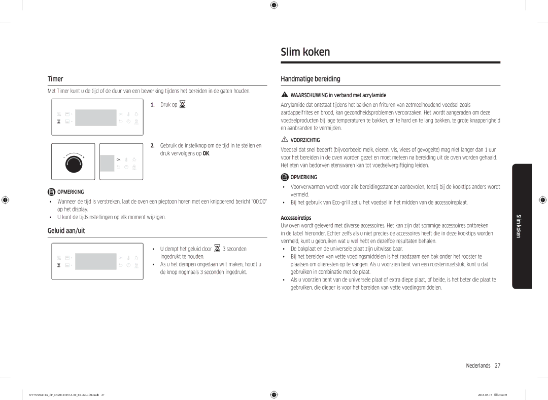 Samsung NV75N5641RS/EF manual Slim koken, Timer, Geluid aan/uit, Handmatige bereiding, Accessoiretips 