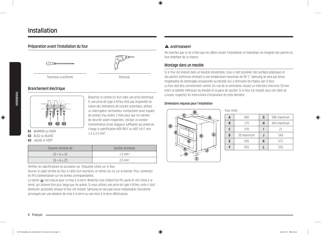 Samsung NV75N5641RS/EF Préparation avant linstallation du four, Branchement électrique, Montage dans un meuble, 595 550 