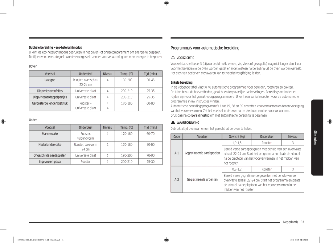 Samsung NV75N5641RS/EF Programmas voor automatische bereiding, Dubbele bereiding eco-heteluchtmodus, Enkele bereiding 