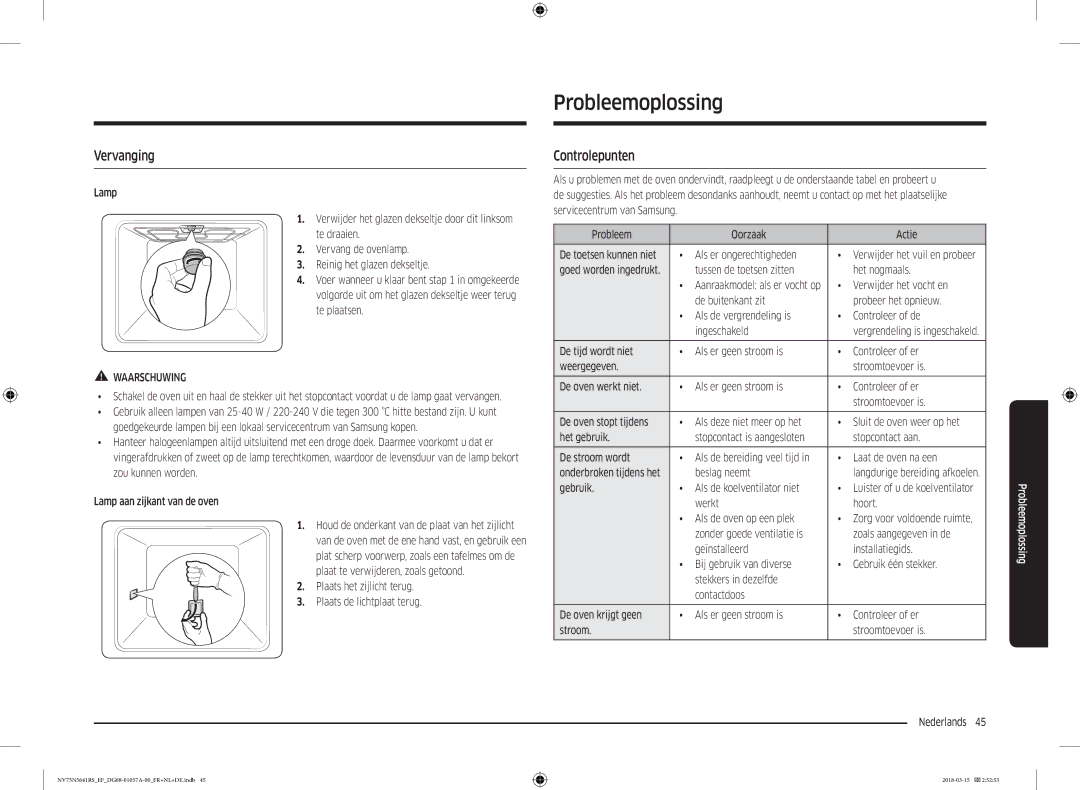 Samsung NV75N5641RS/EF manual Probleemoplossing, Vervanging, Controlepunten 