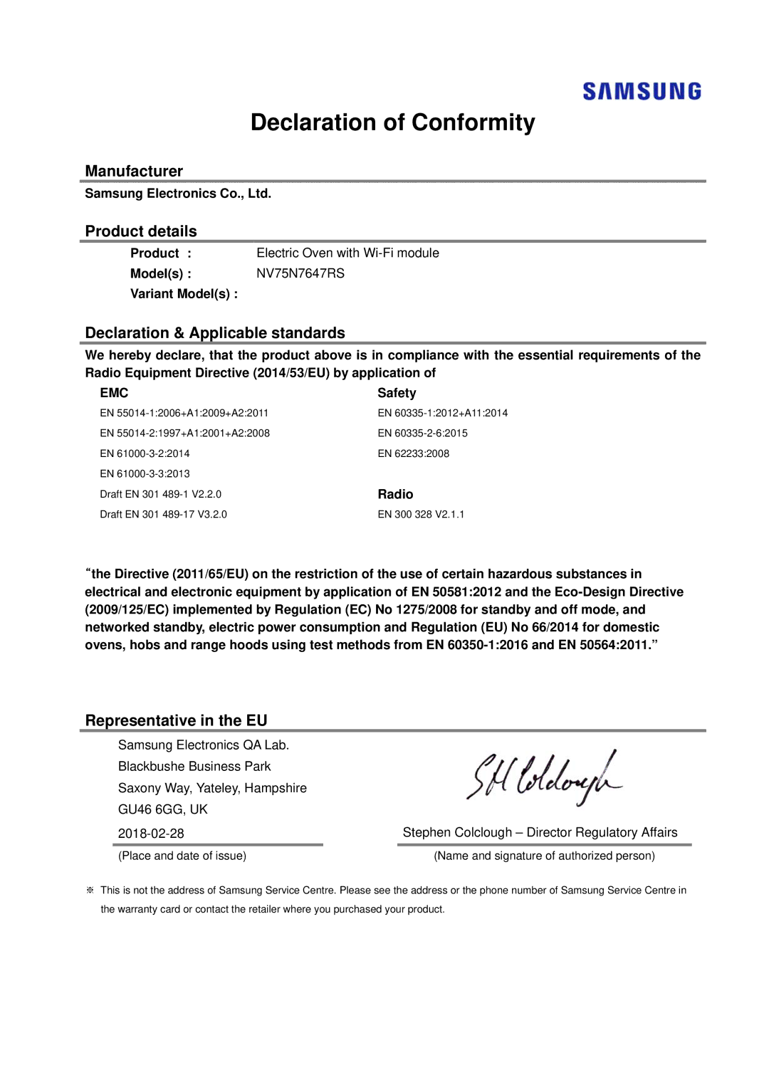 Samsung NV75N7647RS/ET manual Declaration of Conformity, Manufacturer Product details, Declaration & Applicable standards 