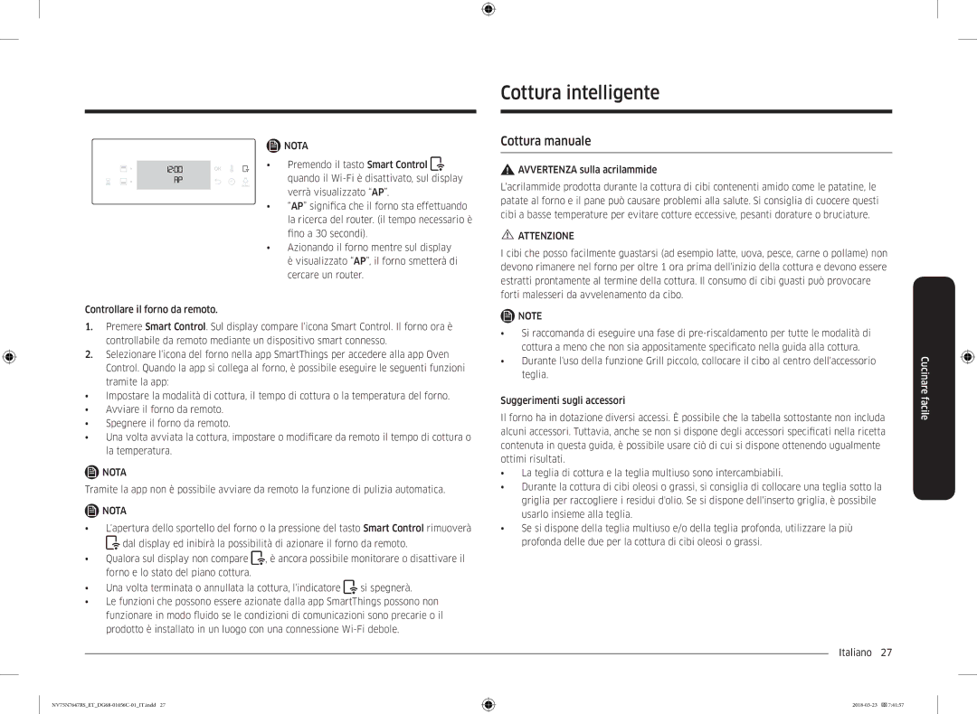 Samsung NV75N7647RS/ET Cottura intelligente, Cottura manuale, Avvertenza sulla acrilammide 