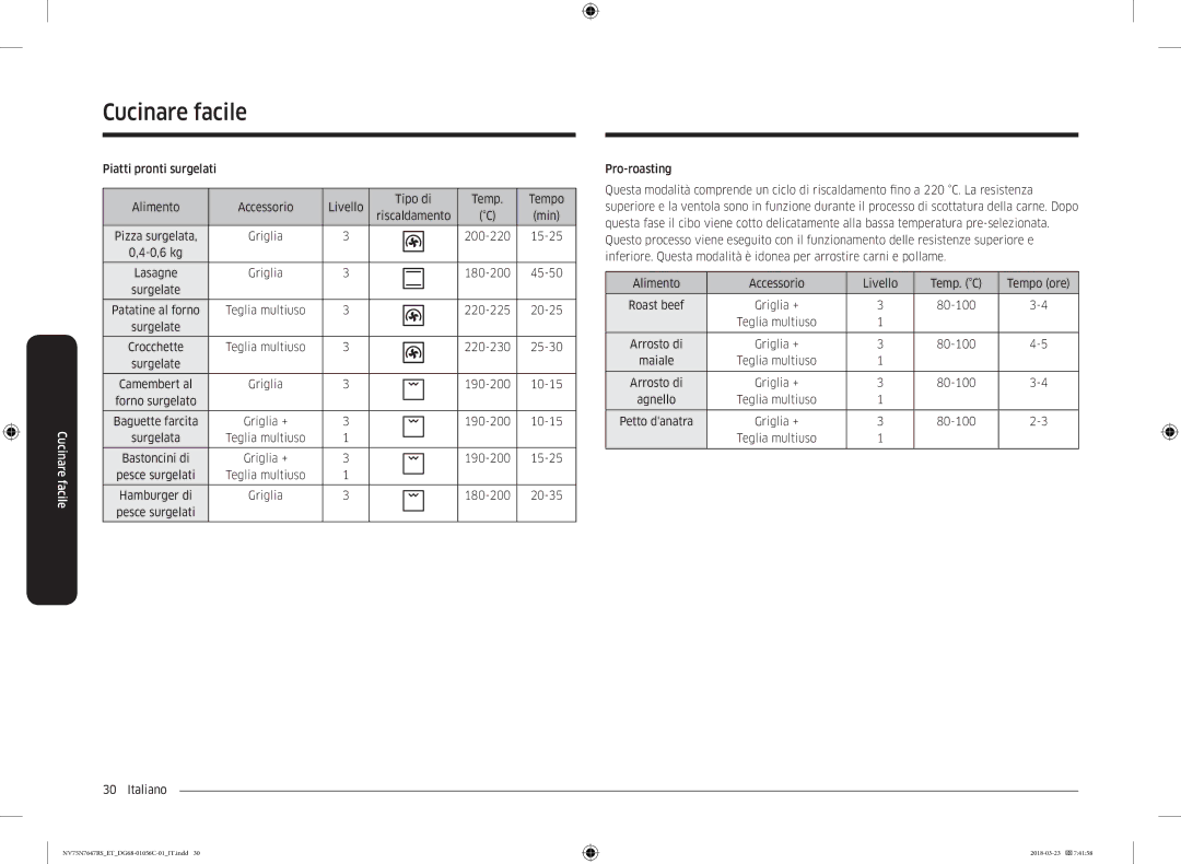 Samsung NV75N7647RS/ET manual Griglia 200-220 15-25 0,6 kg, Griglia 180-200 45-50, Teglia multiuso 220-230 25-30 