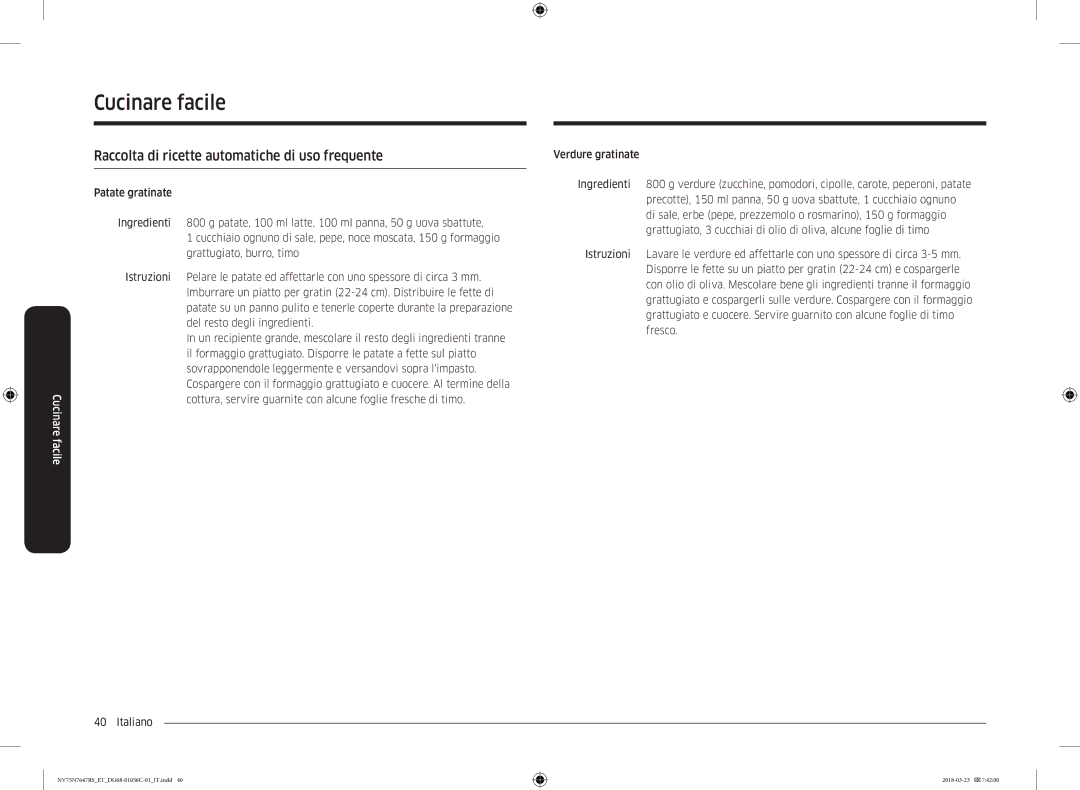 Samsung NV75N7647RS/ET manual Raccolta di ricette automatiche di uso frequente 