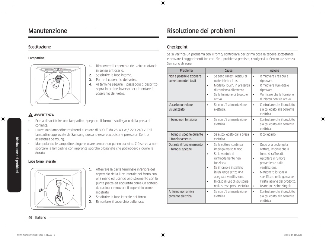 Samsung NV75N7647RS/ET manual Risoluzione dei problemi, RisoluzioneManutenzioned i problemi, Sostituzione, Checkpoint 