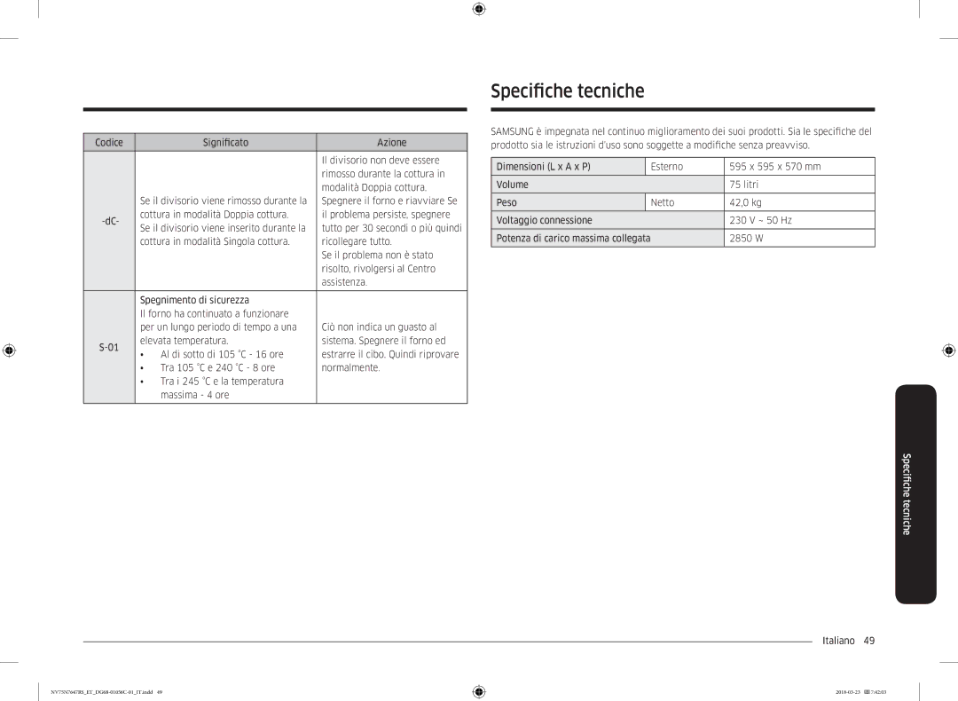 Samsung NV75N7647RS/ET manual Specifiche tecniche, 2850 W 