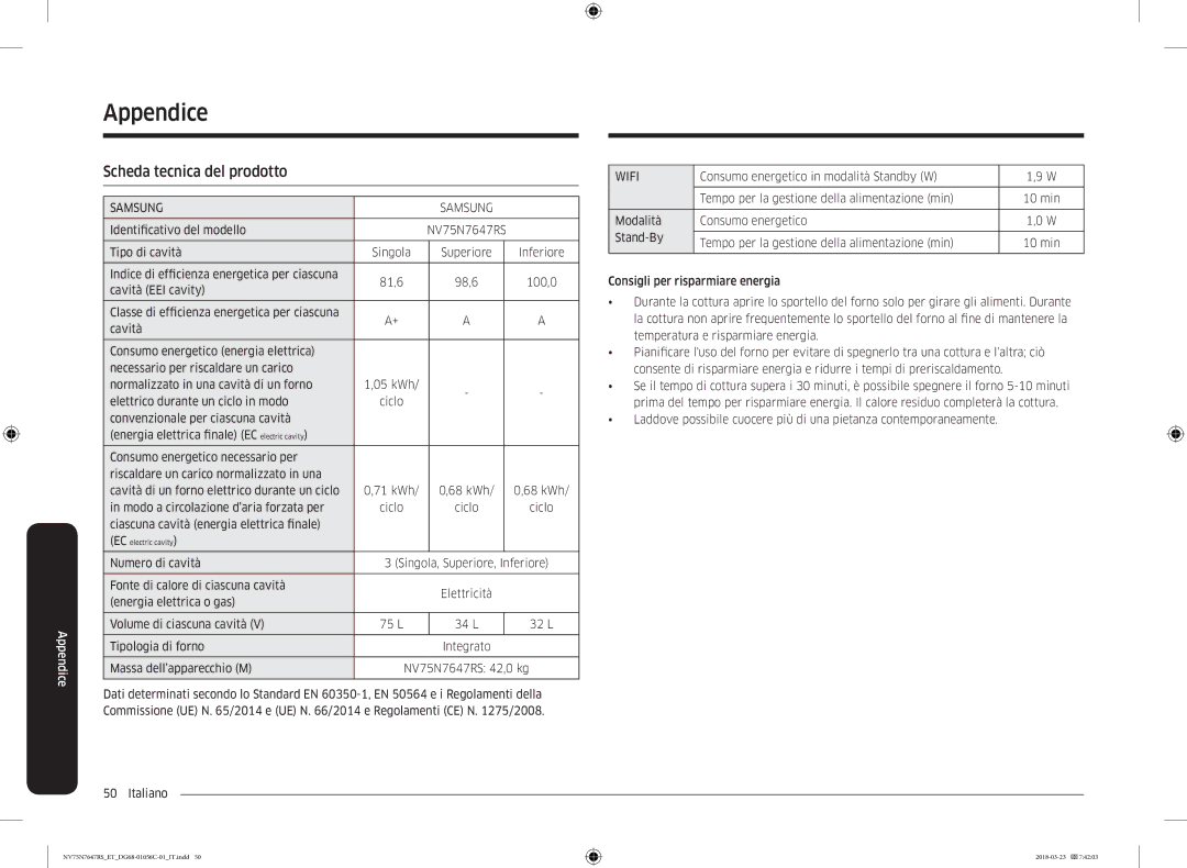 Samsung NV75N7647RS/ET manual Appendice, Scheda tecnica del prodotto 