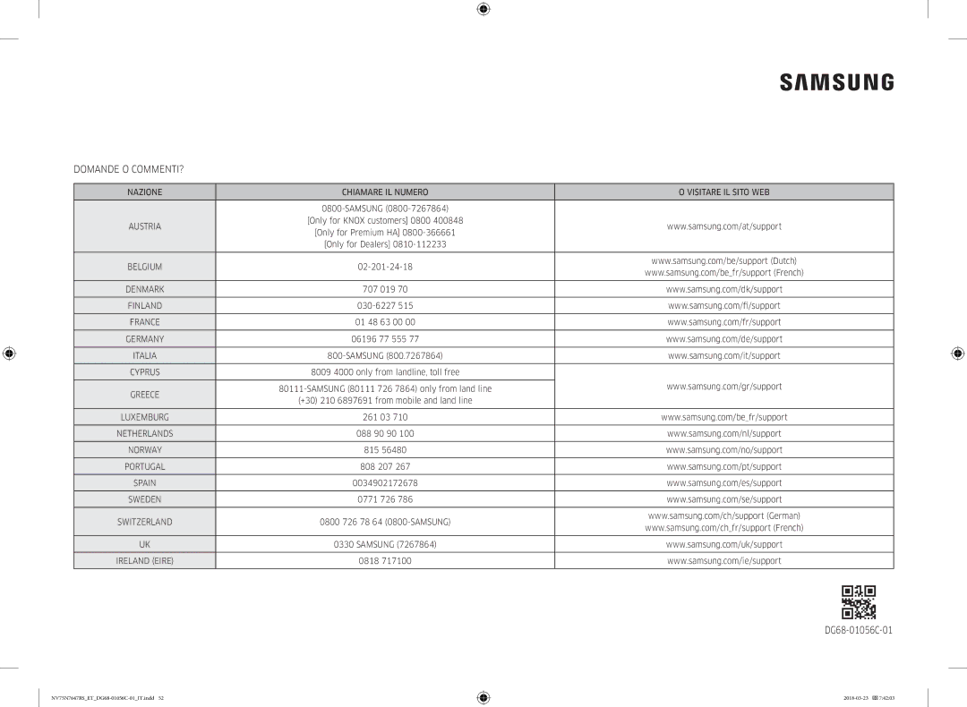 Samsung NV75N7647RS/ET manual Domande O COMMENTI?, DG68-01056C-01 