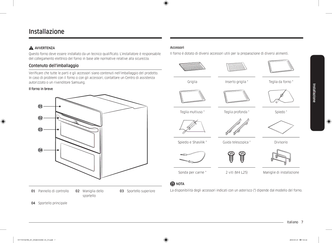 Samsung NV75N7647RS/ET manual Installazione, Contenuto dellimballaggio 