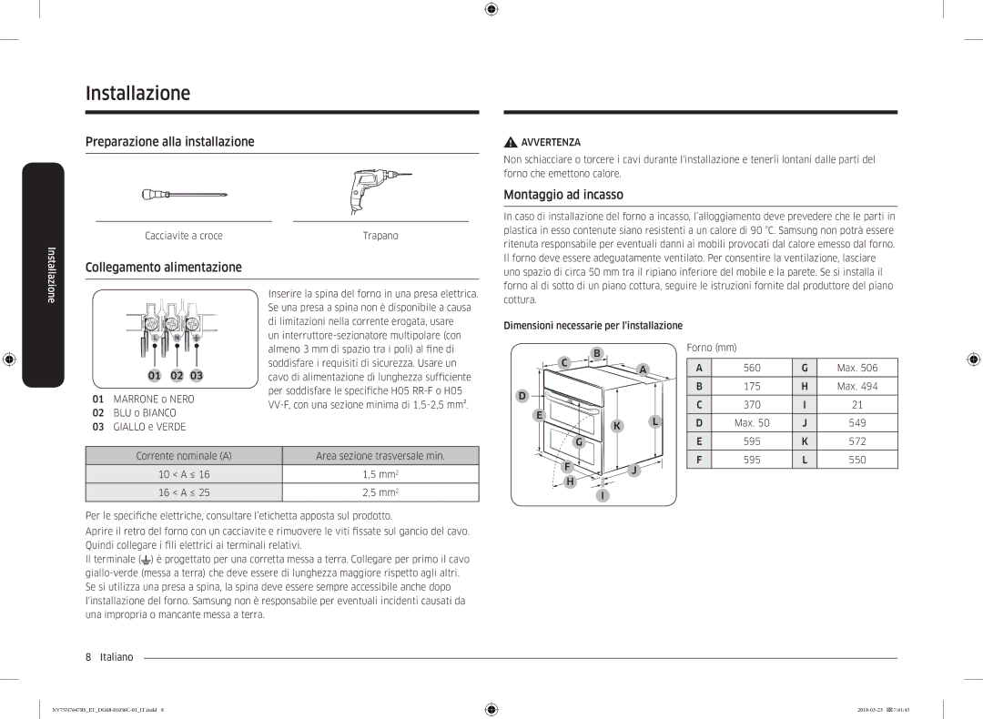 Samsung NV75N7647RS/ET manual Preparazione alla installazione, Collegamento alimentazione, Montaggio ad incasso 