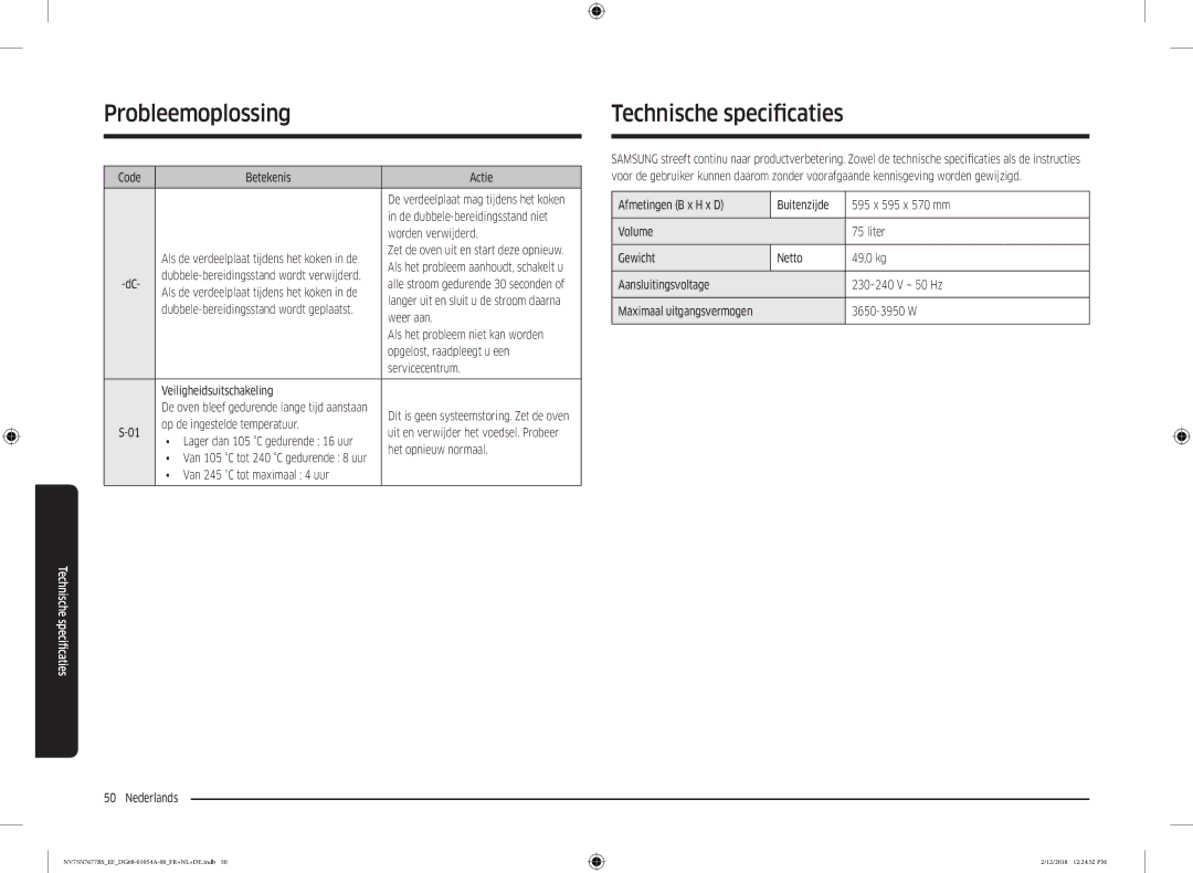 Samsung NV75N7677RS/EF manual Probleemoplossing Technische specifcaties 