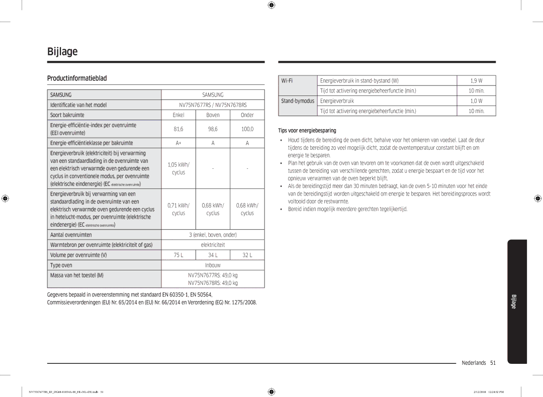 Samsung NV75N7677RS/EF manual Bijlage, Productinformatieblad 