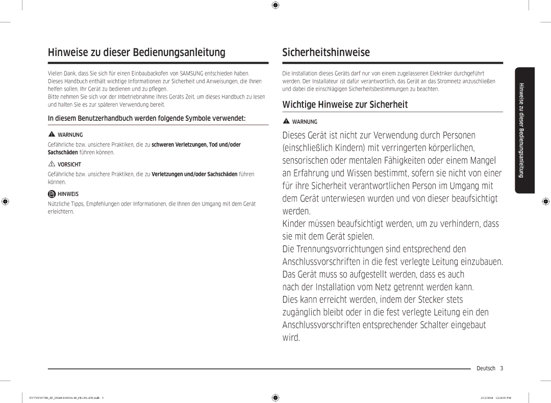 Samsung NV75N7677RS/EF manual Hinweise zu dieser Bedienungsanleitung, Sicherheitshinweise, Deutsch  