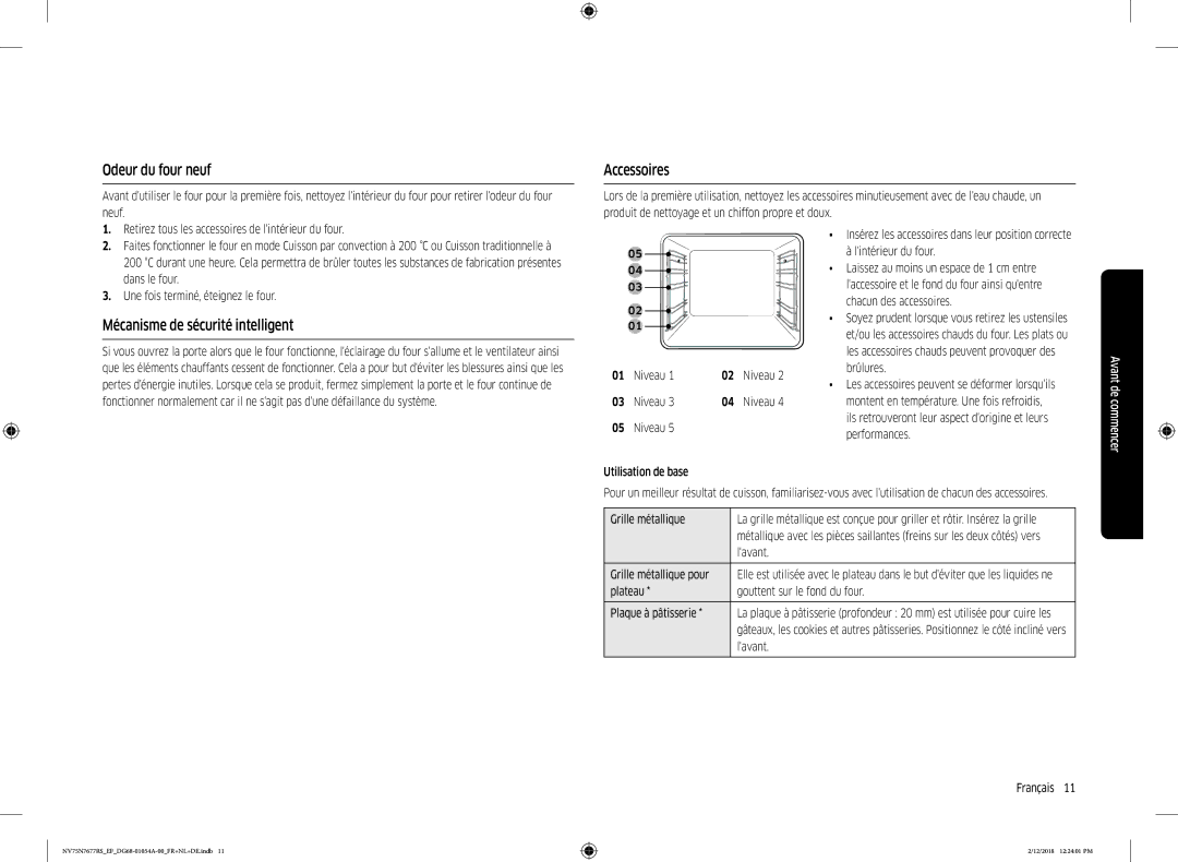 Samsung NV75N7677RS/EF manual Odeur du four neuf, Mécanisme de sécurité intelligent, Accessoires 