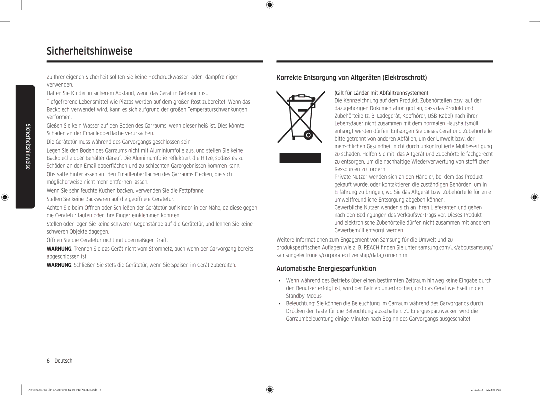 Samsung NV75N7677RS/EF manual Korrekte Entsorgung von Altgeräten Elektroschrott, Automatische Energiesparfunktion 