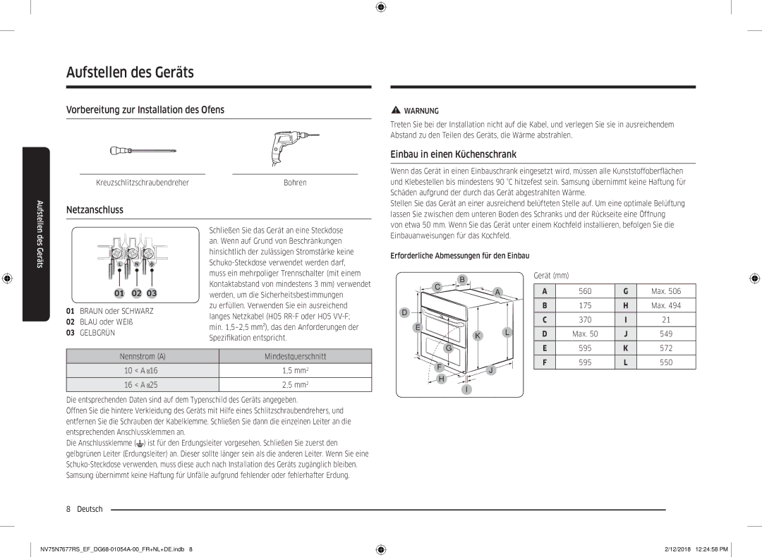 Samsung NV75N7677RS/EF manual Vorbereitung zur Installation des Ofens, Netzanschluss, Einbau in einen Küchenschrank 