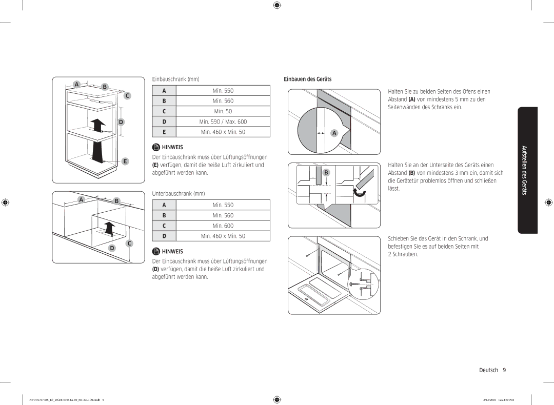 Samsung NV75N7677RS/EF manual Einbauschrank mm Min, Abgeführt werden kann, Unterbauschrank mm, Lässt, Schrauben Deutsch  