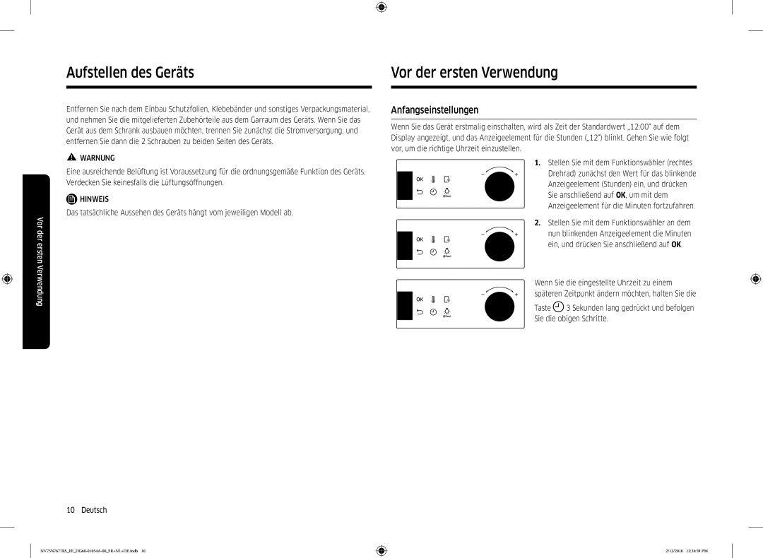 Samsung NV75N7677RS/EF manual Aufstellen des Geräts Vor der ersten Verwendung, Anfangseinstellungen 