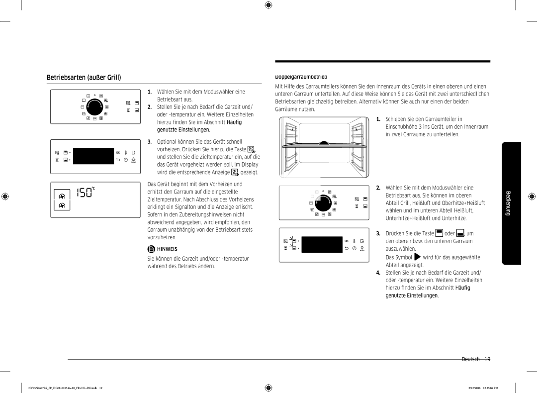 Samsung NV75N7677RS/EF manual Betriebsarten außer Grill, Wählen Sie mit dem Moduswähler eine 