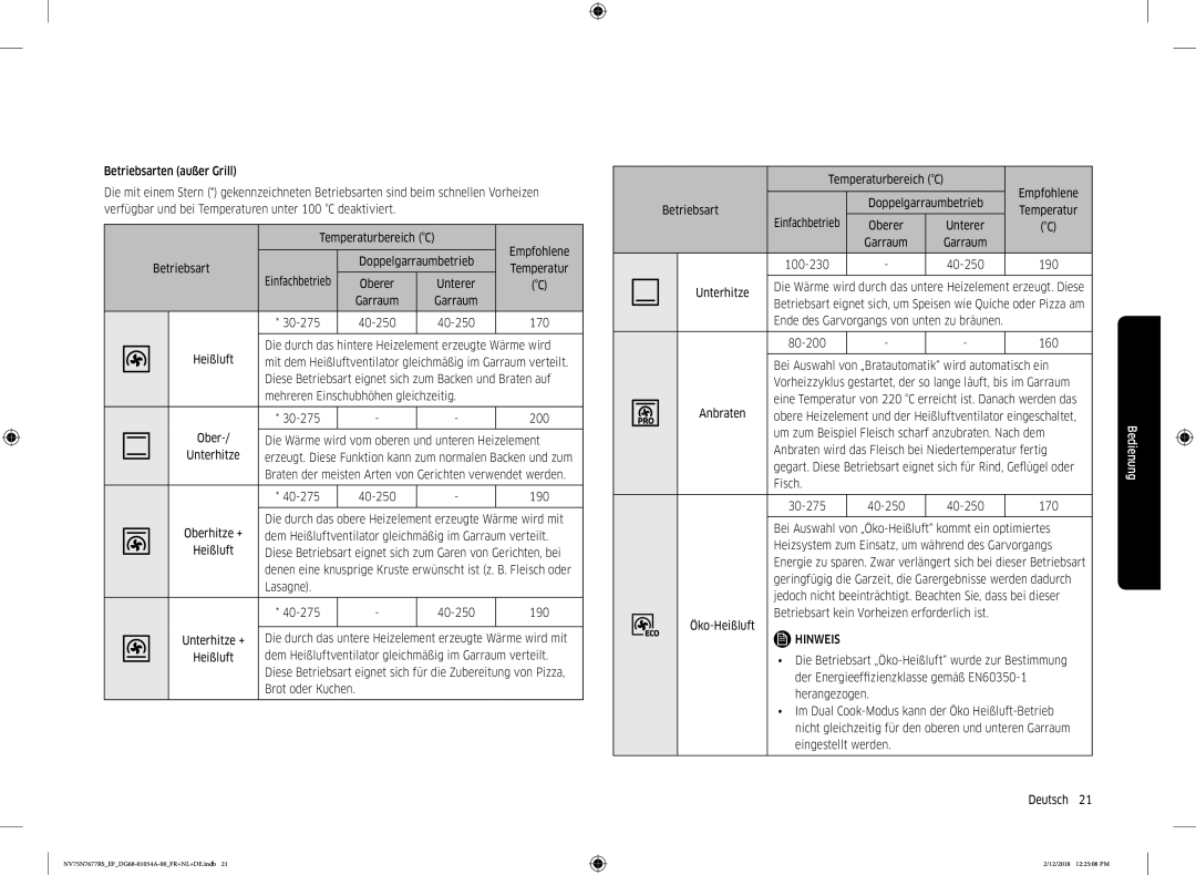 Samsung NV75N7677RS/EF Oberer Unterer, Die Wärme wird vom oberen und unteren Heizelement, 40-275 40-250, Heißluft, 190 