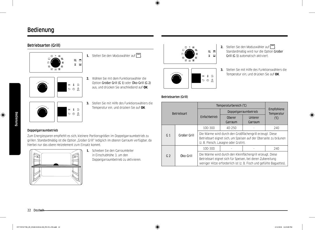 Samsung NV75N7677RS/EF manual Betriebsarten Grill, Die Wärme wird durch den Großflächengrill erzeugt. Diese 