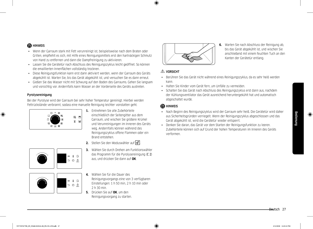 Samsung NV75N7677RS/EF manual Drücken Sie auf OK, um den Reinigungsvorgang zu starten 