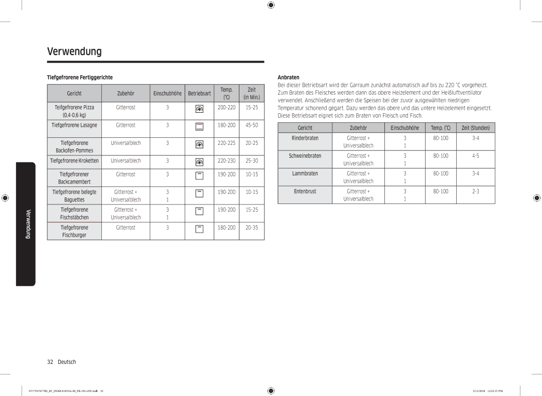 Samsung NV75N7677RS/EF manual Tiefgefrorene Fertiggerichte, Anbraten 