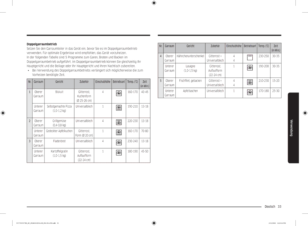 Samsung NV75N7677RS/EF manual Doppelgarraumbetrieb 