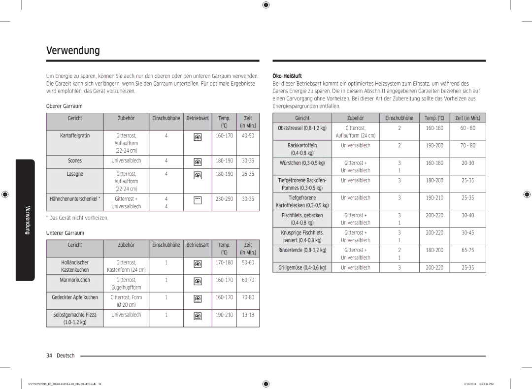 Samsung NV75N7677RS/EF manual Das Gerät nicht vorheizen Unterer Garraum, Öko-Heißluft, Zeit in Min 