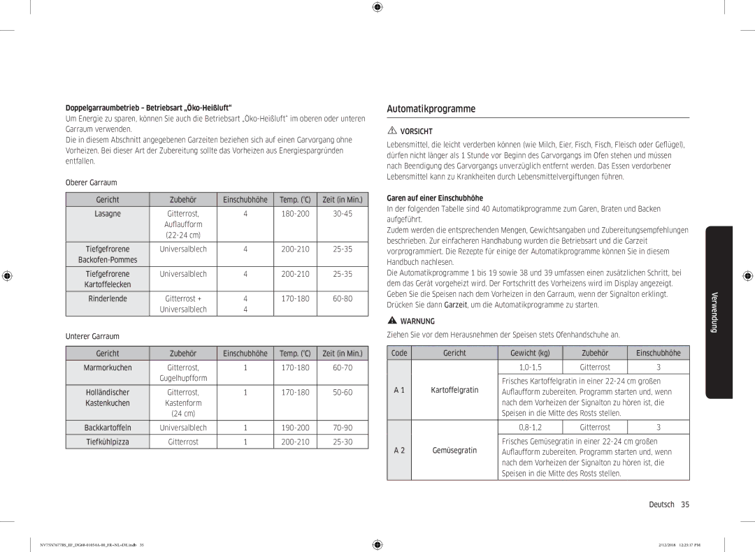 Samsung NV75N7677RS/EF manual Doppelgarraumbetrieb Betriebsart „Öko-Heißluft, Garen auf einer Einschubhöhe 