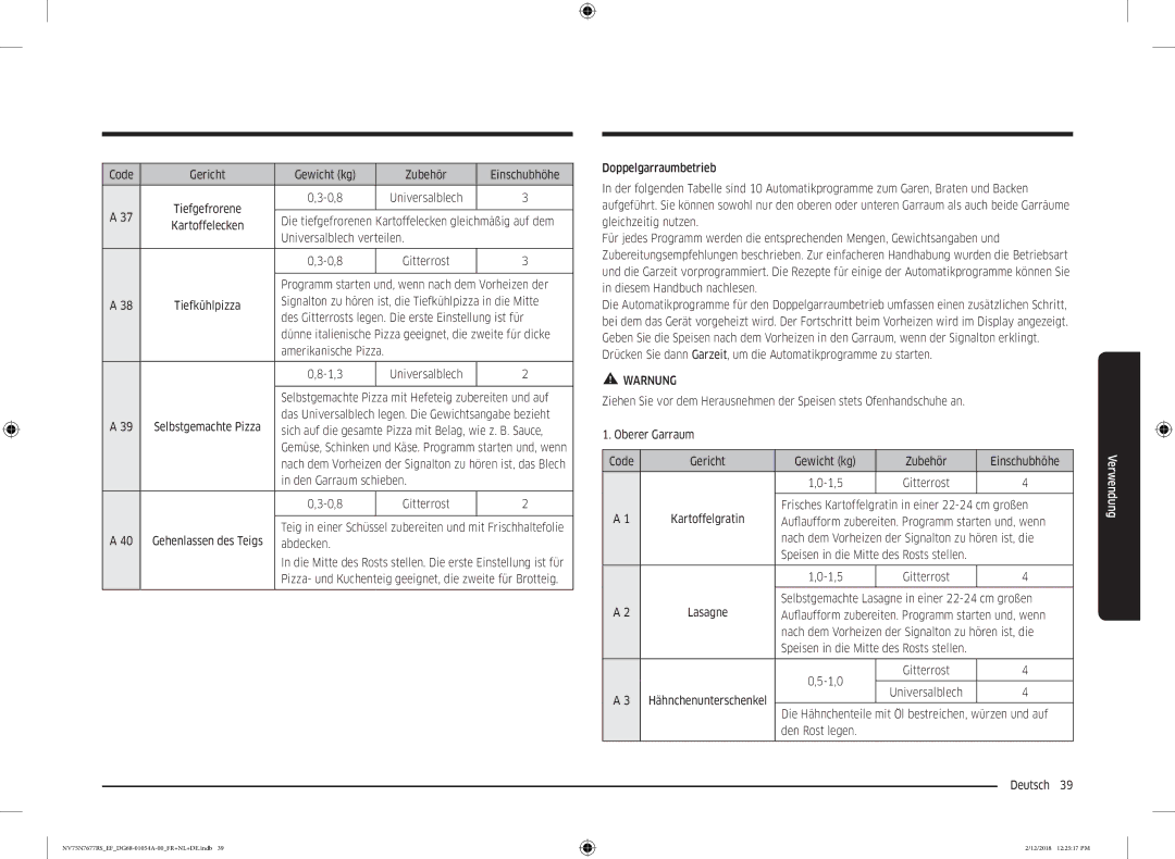 Samsung NV75N7677RS/EF manual Code Gericht Gewicht kg Zubehör Einschubhöhe, Universalblech verteilen 0,8, Abdecken 