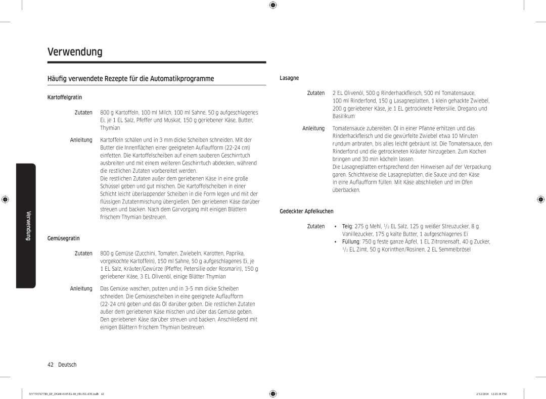 Samsung NV75N7677RS/EF manual Häufig verwendete Rezepte für die Automatikprogramme 