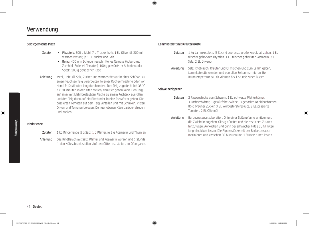 Samsung NV75N7677RS/EF manual Speck, 100 g geriebener Käse, Und backen 