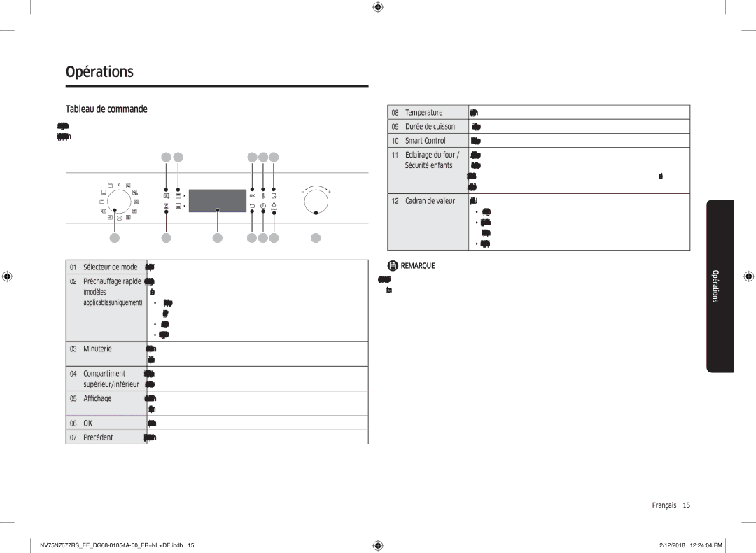 Samsung NV75N7677RS/EF manual Opérations, Tableau de commande 