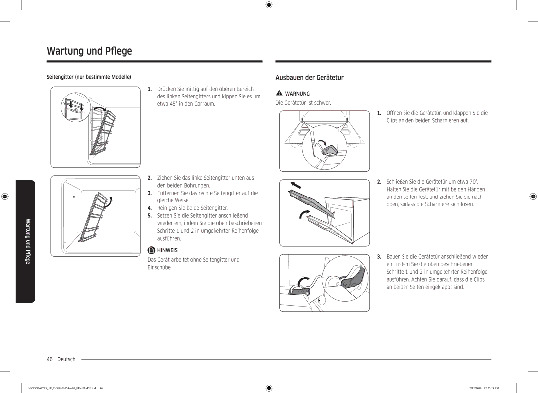 Samsung NV75N7677RS/EF manual Wartung und Pfleg, Ausbauen der Gerätetür, Seitengitter nur bestimmte Modelle 