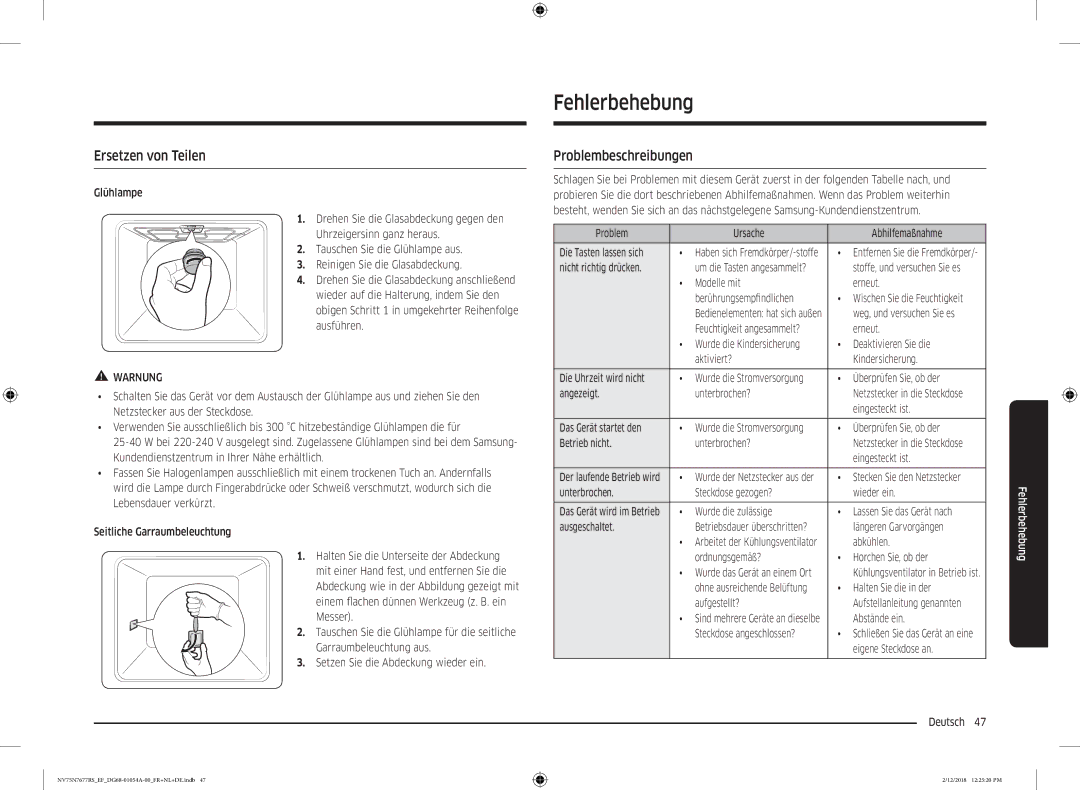 Samsung NV75N7677RS/EF manual Fehlerbehebung, Ersetzen von Teilen, Problembeschreibungen 