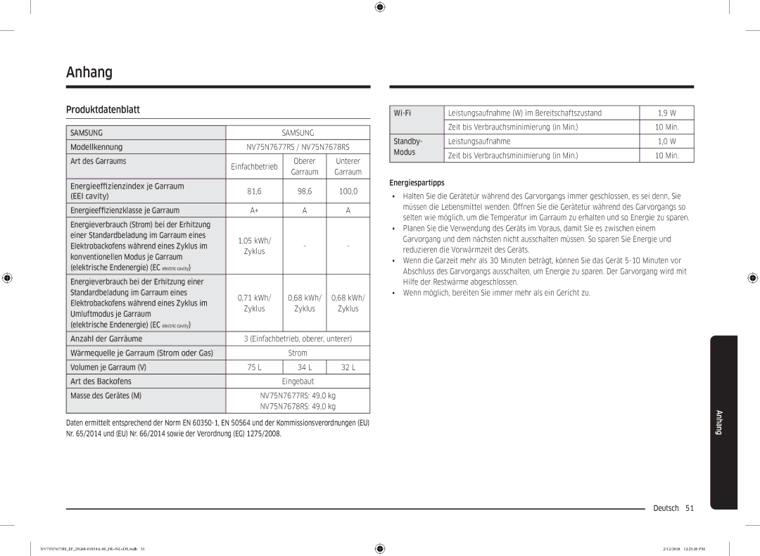 Samsung NV75N7677RS/EF manual Anhang, Produktdatenblatt 