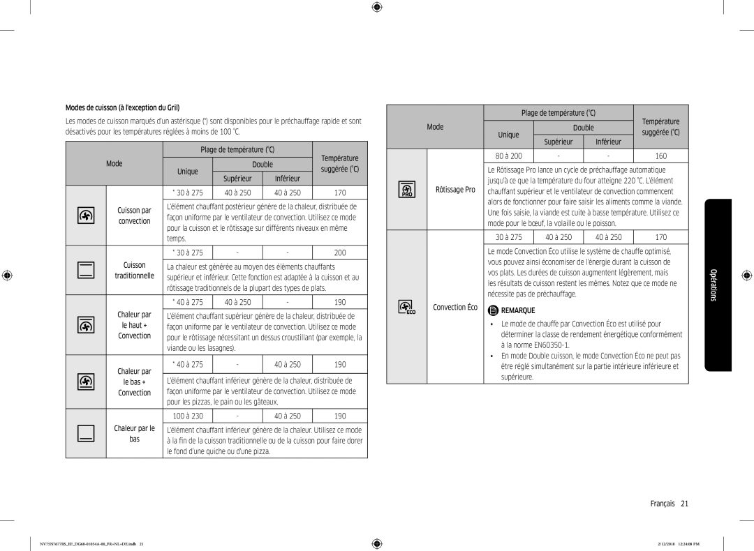 Samsung NV75N7677RS/EF manual Plage de température C Température Mode, Unique, Supérieur Inférieur 30 à, Temps 30 à, 40 à 