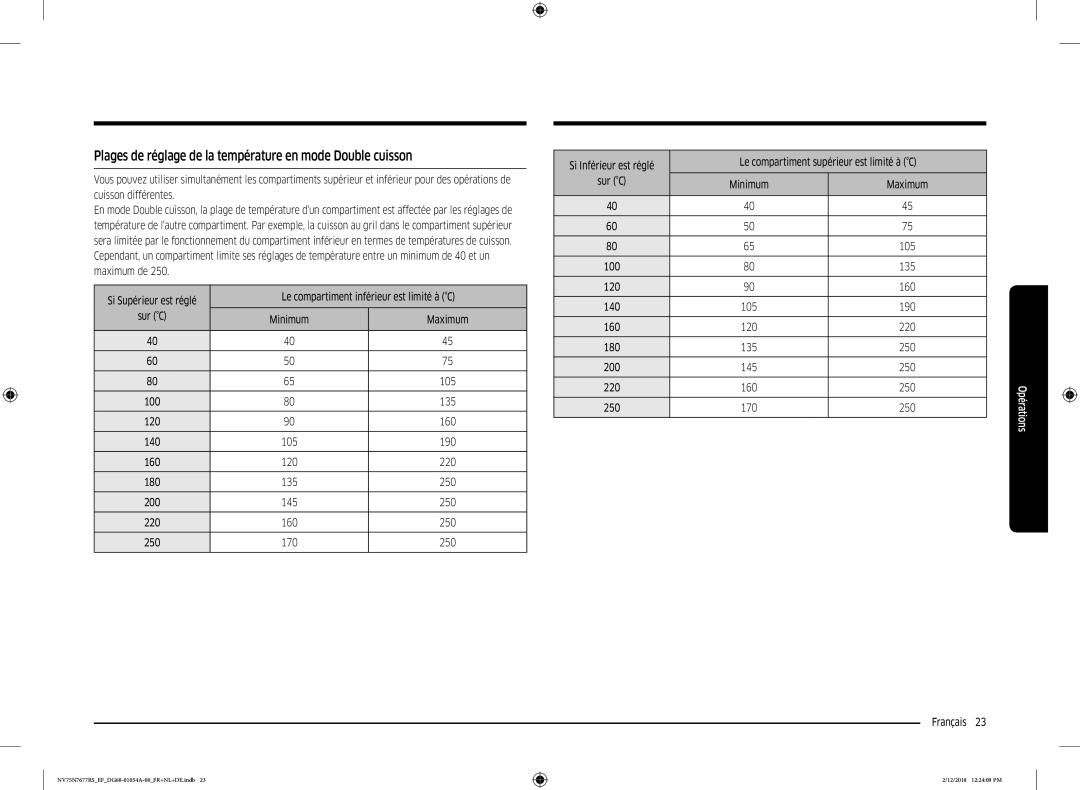 Samsung NV75N7677RS/EF manual Plages de réglage de la température en mode Double cuisson, Sur C Minimum Maximum 