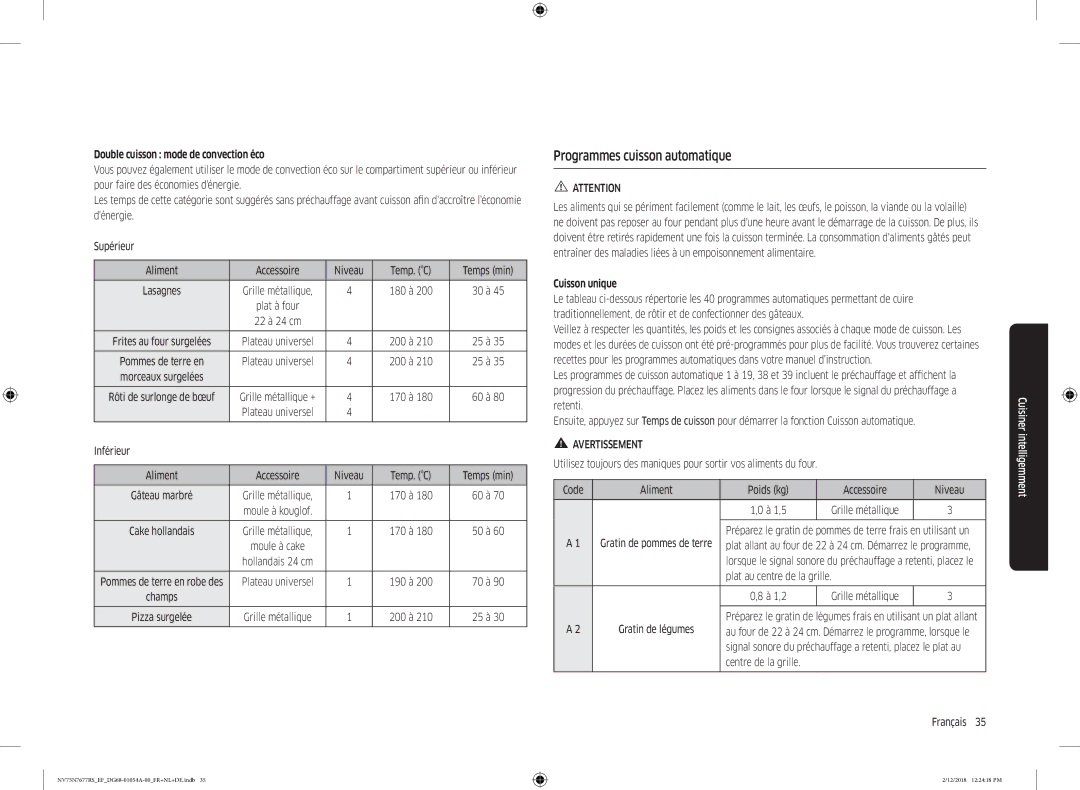 Samsung NV75N7677RS/EF manual Programmes cuisson automatique, Double cuisson mode de convection éco, Cuisson unique 