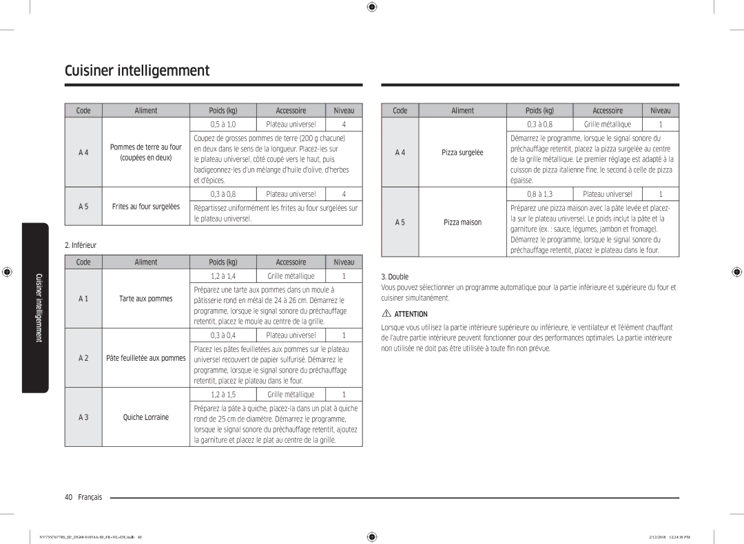 Samsung NV75N7677RS/EF manual Code Aliment Poids kg Accessoire Niveau, Le plateau universel, côté coupé vers le haut, puis 