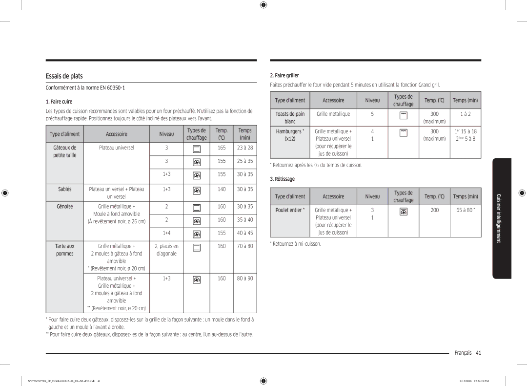 Samsung NV75N7677RS/EF manual Essais de plats, Conformément à la norme EN Faire cuire, 300, Rôtissage 