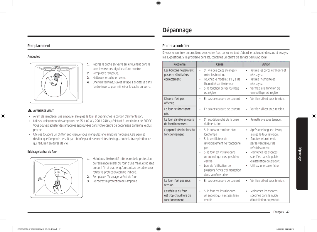 Samsung NV75N7677RS/EF manual Dépannage, Remplacement, Points à contrôler 