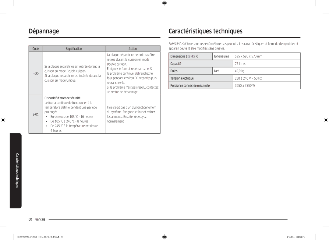Samsung NV75N7677RS/EF manual Caractéristiques techniques 